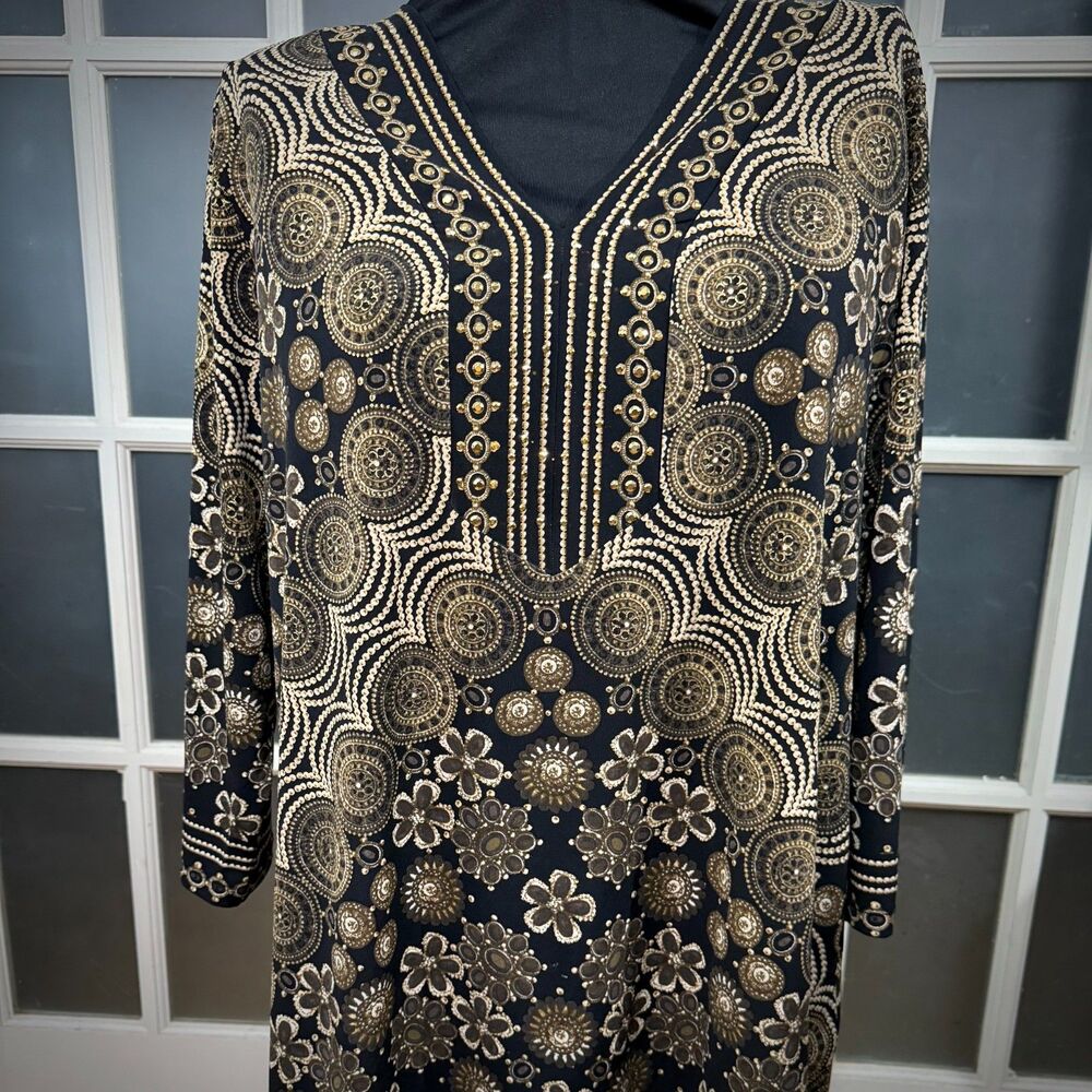 JM Collection Black & Gold Embroidered Shimmer Tunic Top XXL